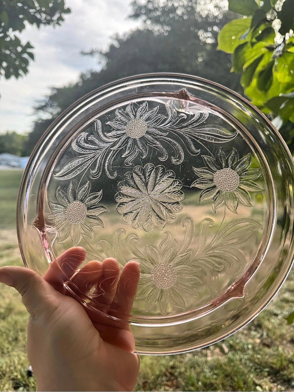 Vintage Jeannette Glass Sunflower Pink Depression GlassFooted Cake Plate